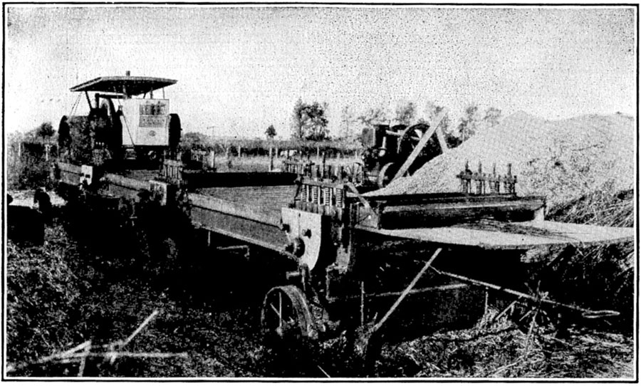 Archival photograph of a hemp-breaking machine beside an accumulated pile of hemp hurds